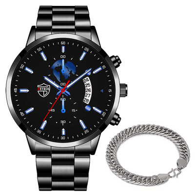 Luxus divatos férfi kvarc órák rozsdamentes acél naptár karkötő szett üzleti bőr karóra férfiaknak relogio masculino