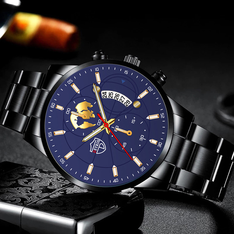 Luxus divatos férfi kvarc órák rozsdamentes acél naptár karkötő szett üzleti bőr karóra férfiaknak relogio masculino