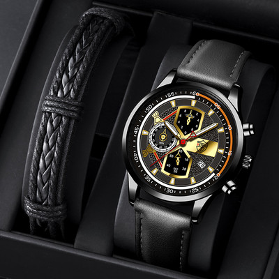 Мъжки луксозен кварцов ръчен часовник Светещ часовник Мъжки модни бизнес кожени часовници Календар Мъжки ежедневен черен часовник с гривна