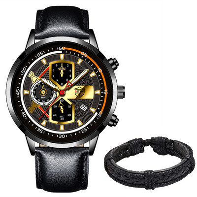 Vyriškas prabangus kvarcinis rankinis laikrodis Šviečiantis laikrodis Vyriškas mada Verslo odiniai laikrodžiai Kalendorius Vyriškas laisvalaikio juodos apyrankės laikrodis