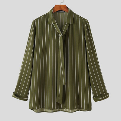 Модни мъжки раирани ризи с ревери с дълъг ръкав Streetwear вратовръзка Есенни ежедневни мъжки дрехи 2023 Корейски ризи за свободното време S-5XL INCERUN