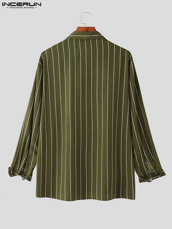 Модни мъжки раирани ризи с ревери с дълъг ръкав Streetwear вратовръзка Есенни ежедневни мъжки дрехи 2023 Корейски ризи за свободното време S-5XL INCERUN