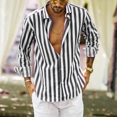 HOUZHOU Kokvilnas lina svītrains krekls Vīriešu krekli ar garām piedurknēm Vasaras zaļš krekls ar pogu uz augšu krekls Streetwear 4XL brīvs ikdienas elpojošs