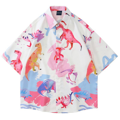 Negabaritiniai vyriški havajietiški marškinėliai Y2K gatvės drabužiai japoniški vasaros mygtukai paplūdimio marškiniai su žuvies raštu trumpomis rankovėmis, laisvalaikio moteriška Aloha palaidinė