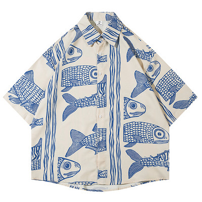 Negabaritiniai vyriški havajietiški marškinėliai Y2K gatvės drabužiai japoniški vasaros mygtukai paplūdimio marškiniai su žuvies raštu trumpomis rankovėmis, laisvalaikio moteriška Aloha palaidinė