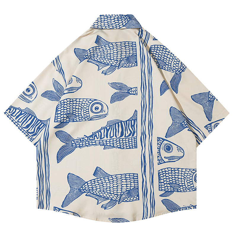 Negabaritiniai vyriški havajietiški marškinėliai Y2K gatvės drabužiai japoniški vasaros mygtukai paplūdimio marškiniai su žuvies raštu trumpomis rankovėmis, laisvalaikio moteriška Aloha palaidinė