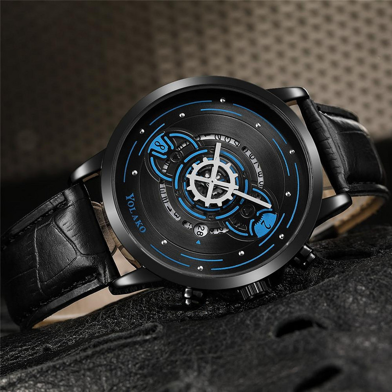 Modes sporta pulkstenis vīriešiem radošais skelets kalendārs Gears pointer Design kvarca pulksteņi ikdienas biznesa ādas siksniņa vīriešu pulkstenis