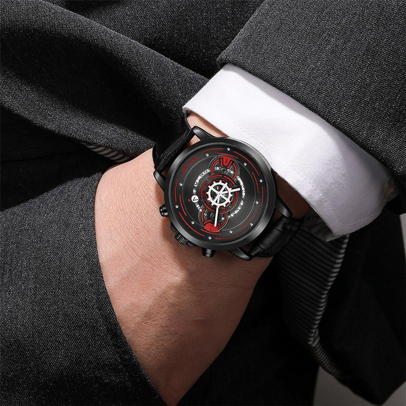 Modes sporta pulkstenis vīriešiem radošais skelets kalendārs Gears pointer Design kvarca pulksteņi ikdienas biznesa ādas siksniņa vīriešu pulkstenis