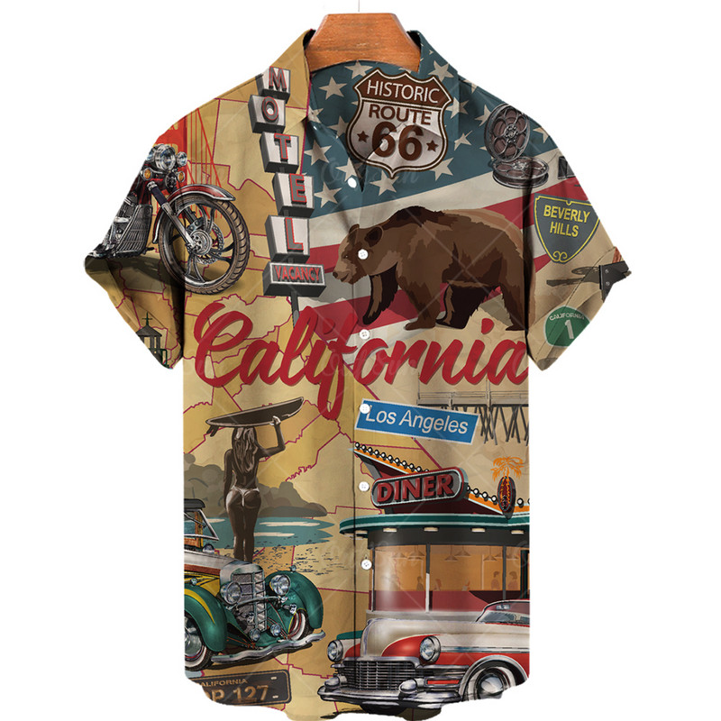 2022 Férfi ingek Hawaii ingek Férfi Route 66 3d nyomott nyári laza, légáteresztő ingek férfiaknak Retro rövid ujjú retro ing