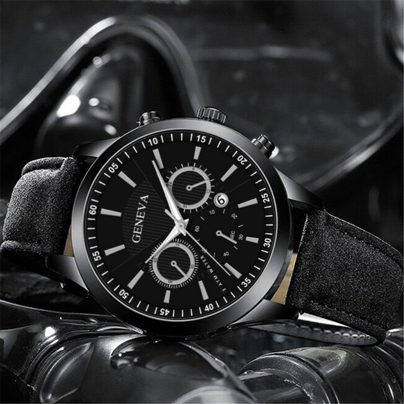 Ženēvas moderns modes personības vīriešu sieta siksnas pulkstenis viltots trīs acu kalendāra kvarca pulkstenis