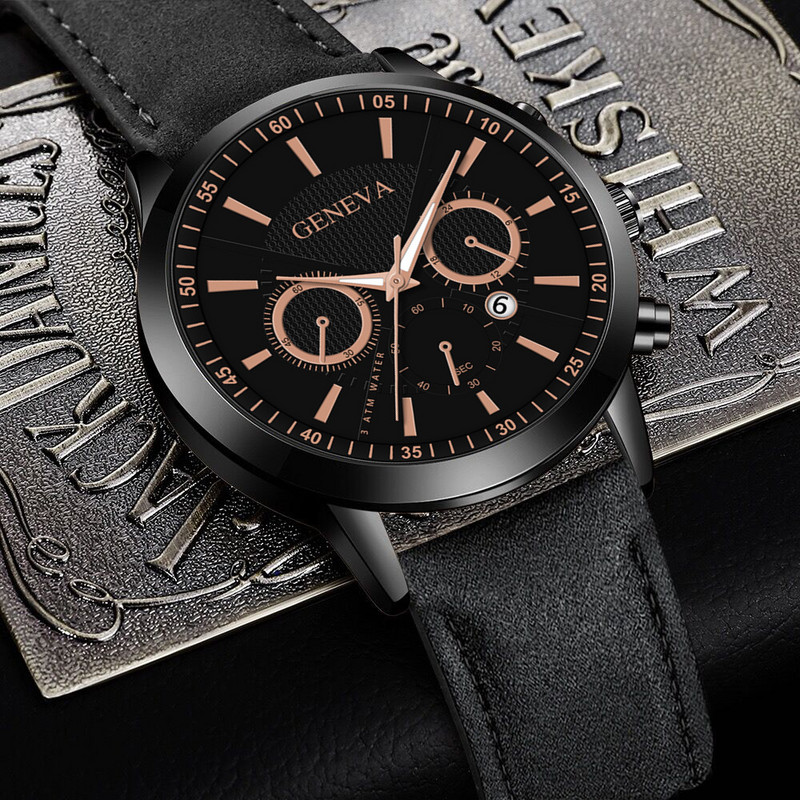 Ženēvas moderns modes personības vīriešu sieta siksnas pulkstenis viltots trīs acu kalendāra kvarca pulkstenis