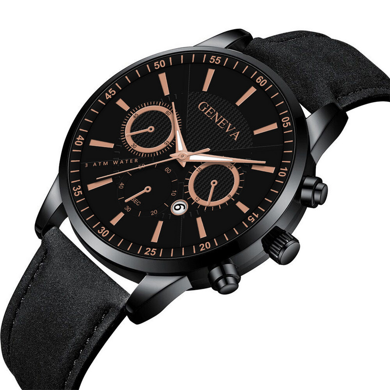 Ženēvas moderns modes personības vīriešu sieta siksnas pulkstenis viltots trīs acu kalendāra kvarca pulkstenis