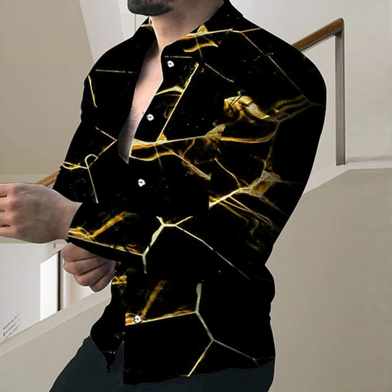 Ανδρικό μπλουζάκι με κουμπιά μακρυμάνικο πουκάμισο New Designer Prom Casual Outdoor Street Pattern Blue Gold 2023 Νέο