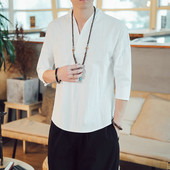 Ανδρικά πουκάμισα από βαμβακερά λινό ύφασμα Oversize Vintage ανδρικά πουκάμισα με λαιμόκοψη 5 χρωμάτων Καλοκαιρινή μόδα Harajuku Ρούχα Streetwear 5XL