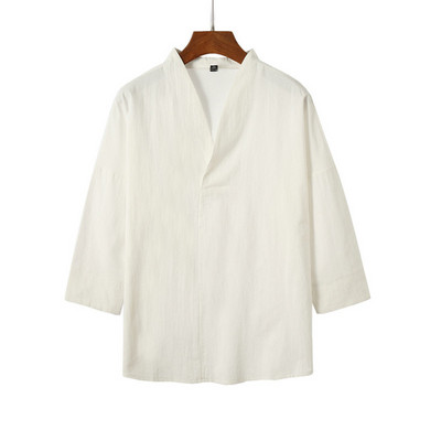 Ανδρικά πουκάμισα από βαμβακερά λινό ύφασμα Oversize Vintage ανδρικά πουκάμισα με λαιμόκοψη 5 χρωμάτων Καλοκαιρινή μόδα Harajuku Ρούχα Streetwear 5XL