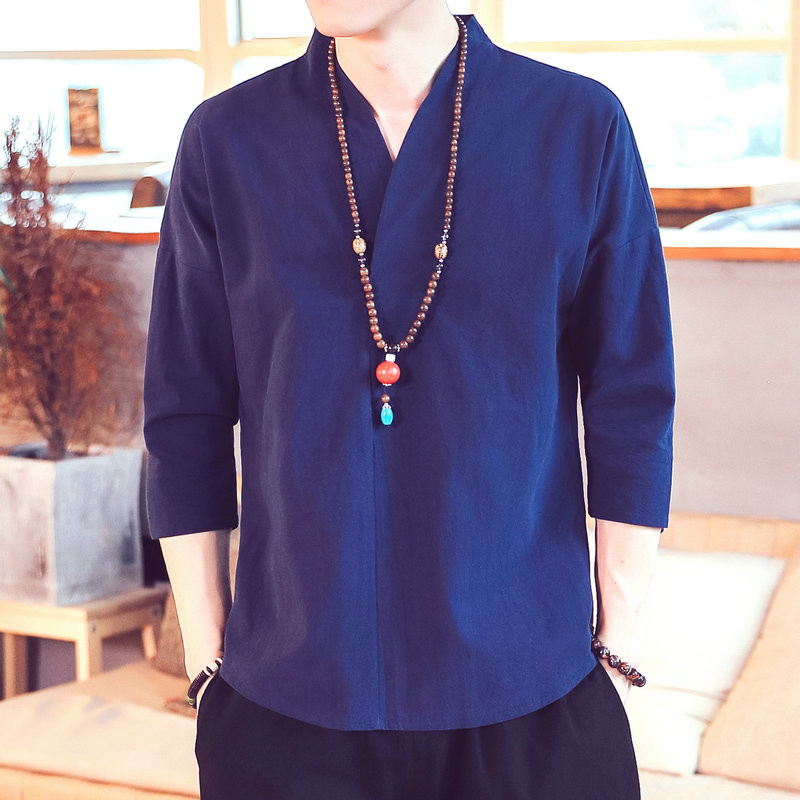 Ανδρικά πουκάμισα από βαμβακερά λινό ύφασμα Oversize Vintage ανδρικά πουκάμισα με λαιμόκοψη 5 χρωμάτων Καλοκαιρινή μόδα Harajuku Ρούχα Streetwear 5XL