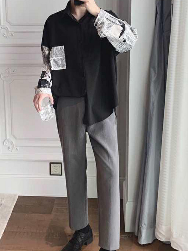 Gmiixder Oversized Tie särk Meeste pikkade varrukatega kahevärviline ajaleheprint Top Trendikas lahtine särk Hongkongi stiilis särgid Paar