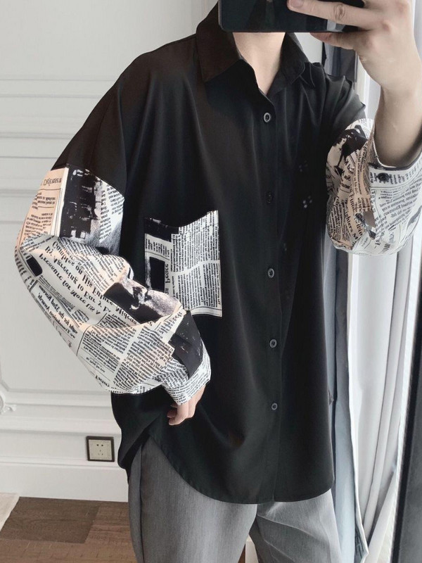 Gmiixder Oversized Tie särk Meeste pikkade varrukatega kahevärviline ajaleheprint Top Trendikas lahtine särk Hongkongi stiilis särgid Paar