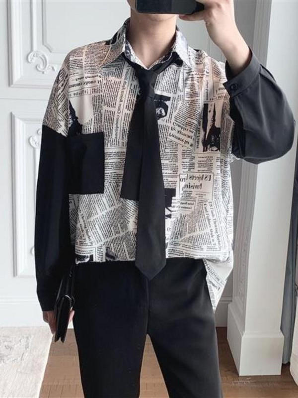 Gmiixder Oversized Tie särk Meeste pikkade varrukatega kahevärviline ajaleheprint Top Trendikas lahtine särk Hongkongi stiilis särgid Paar