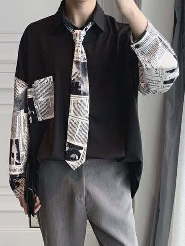 Gmiixder Oversized Tie särk Meeste pikkade varrukatega kahevärviline ajaleheprint Top Trendikas lahtine särk Hongkongi stiilis särgid Paar