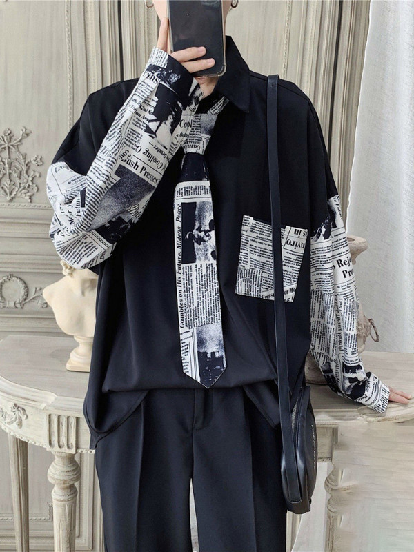 Gmiixder Oversized Tie särk Meeste pikkade varrukatega kahevärviline ajaleheprint Top Trendikas lahtine särk Hongkongi stiilis särgid Paar