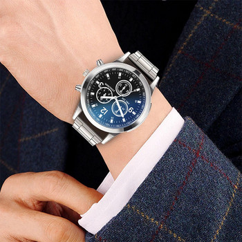 Sl68 Kleurrijke Blauw Licht Glas Drie-Eye Stalen Band Horloge Mannen Casual Quartz Horloge Heren Horloge