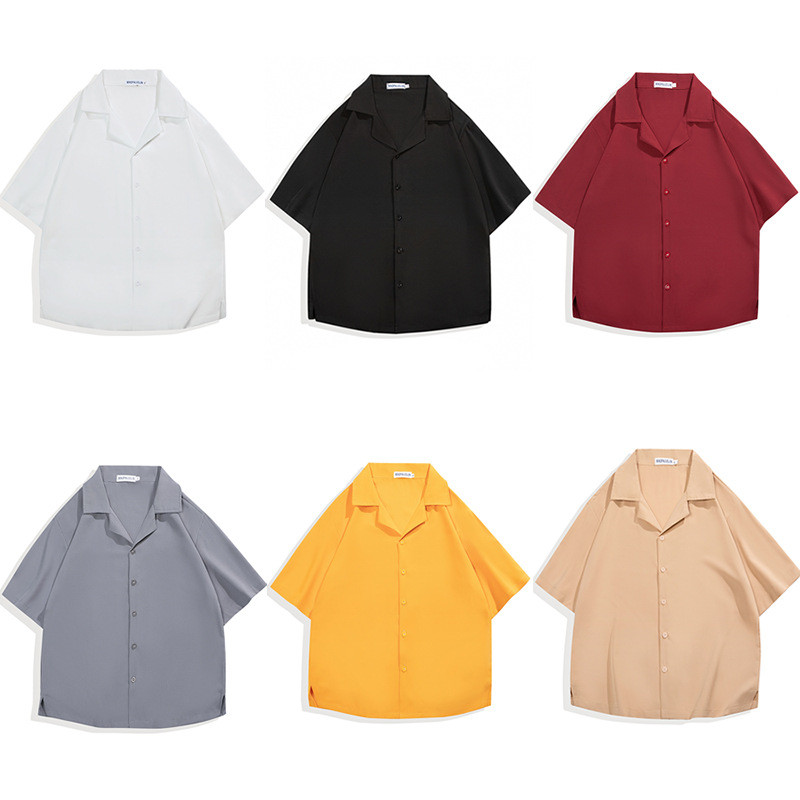 Vintage utcai férfi ing nyári lehajtható galléros ingek bő nagy méretű férfi sötét Lcon színű tömör férfi ruházat