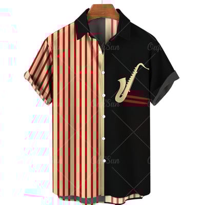 2022. gada vīriešu krekli ar vienu pogu Havaju salu ikdienas krekli Vīriešu mūzikas instrumentu krekli ar svītru apdruku ar īsām piedurknēm Beach Camicias 5xl