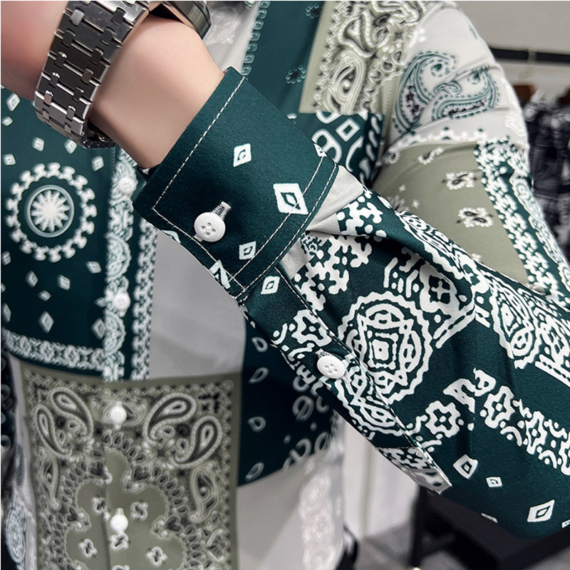 Modne zelene majice s printom u britanskom stilu, muške retro uske košulje dugih rukava s cvjetnim motivima, ulična odjeća, muška odjeća za društvene zabave