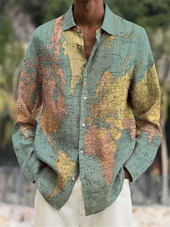 Мъжка риза с дълъг ръкав, ревер, свободна ежедневна външна пролет, лято, висококачествен материал, карта, шев, карирана 3D печат, голям размер