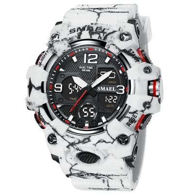 SMAEL Ceas sport cu oră dublă pentru bărbați, la modă, impermeabil Quart, ceas de mână digital, ceas cu alarmă, iluminare din spate cu LED, calendar, ceasuri 8008