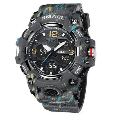 SMAEL Ceas sport cu oră dublă pentru bărbați, la modă, impermeabil Quart, ceas de mână digital, ceas cu alarmă, iluminare din spate cu LED, calendar, ceasuri 8008