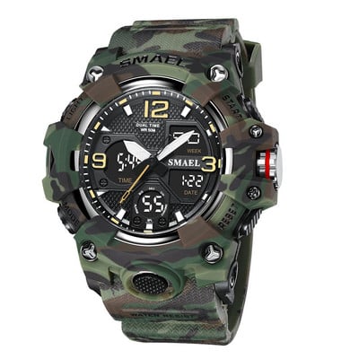 SMAEL Ceas sport cu oră dublă pentru bărbați, la modă, impermeabil Quart, ceas de mână digital, ceas cu alarmă, iluminare din spate cu LED, calendar, ceasuri 8008