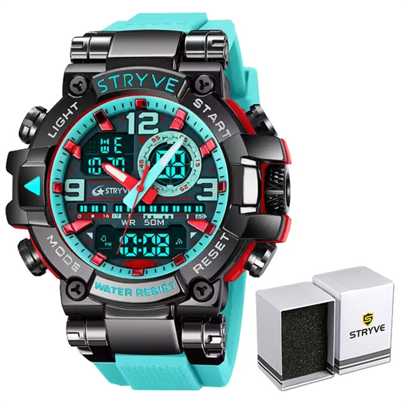 Uus STRYVE käekell meeste digitaalsele-analoogsele kahe liikumisega kalendrinädalale veekindlatele kelladele Moodsad spordialad meeste käekellad 8025