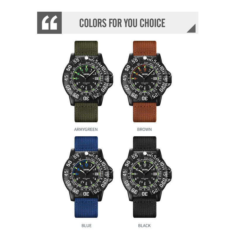 SKMEI nailonist lõuendist rihm Armee roheline kvartskell Tugev helendav kuupäeva öönägemine kalender terasest meeste vabaaja relogios 9281