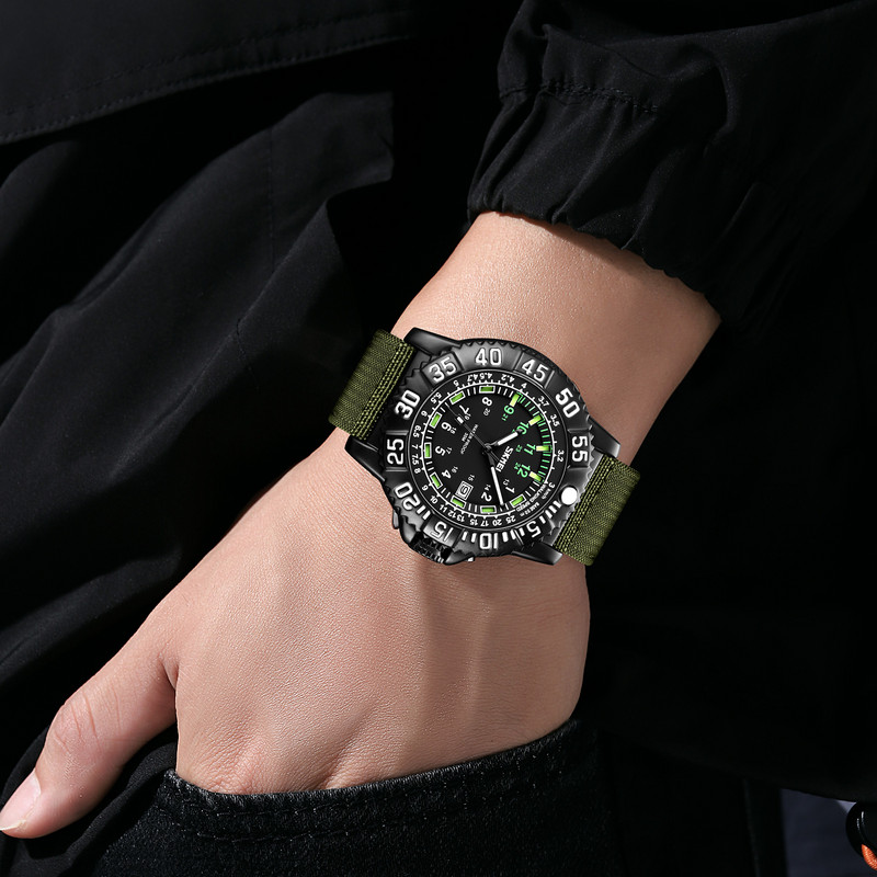 SKMEI nailonist lõuendist rihm Armee roheline kvartskell Tugev helendav kuupäeva öönägemine kalender terasest meeste vabaaja relogios 9281