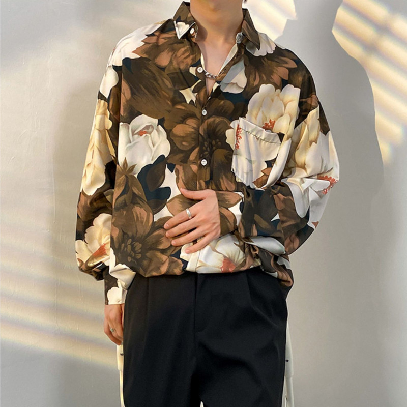 Brūni krekli Vīriešu japāņu ielu apģērbi Hip Hop Harajuku Skaisti ikdienišķi Rudens Camisas Hombre Modes apdruka ar garām piedurknēm Stilīgs