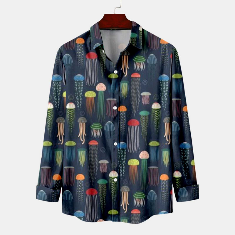 Férfi ing őszi hosszú ujjú szivárvány medúza mintás Hawaii ingek Retro Vintage utcai ruházat gombos blúz Chemise Ropa Hombre