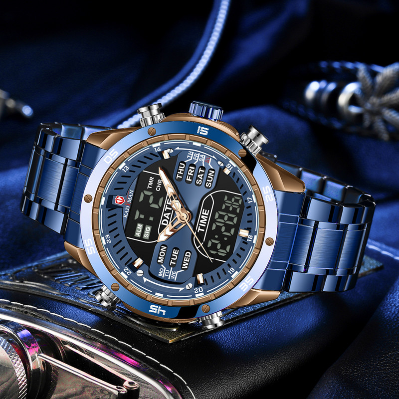 Ανδρικά ρολόγια καρπού στρατιωτικού τύπου Strong Style, Quartz Full Steel, Αδιάβροχο με διπλή οθόνη, Ανδρικά ρολόγια ρολογιών Relogio Masculino 2021