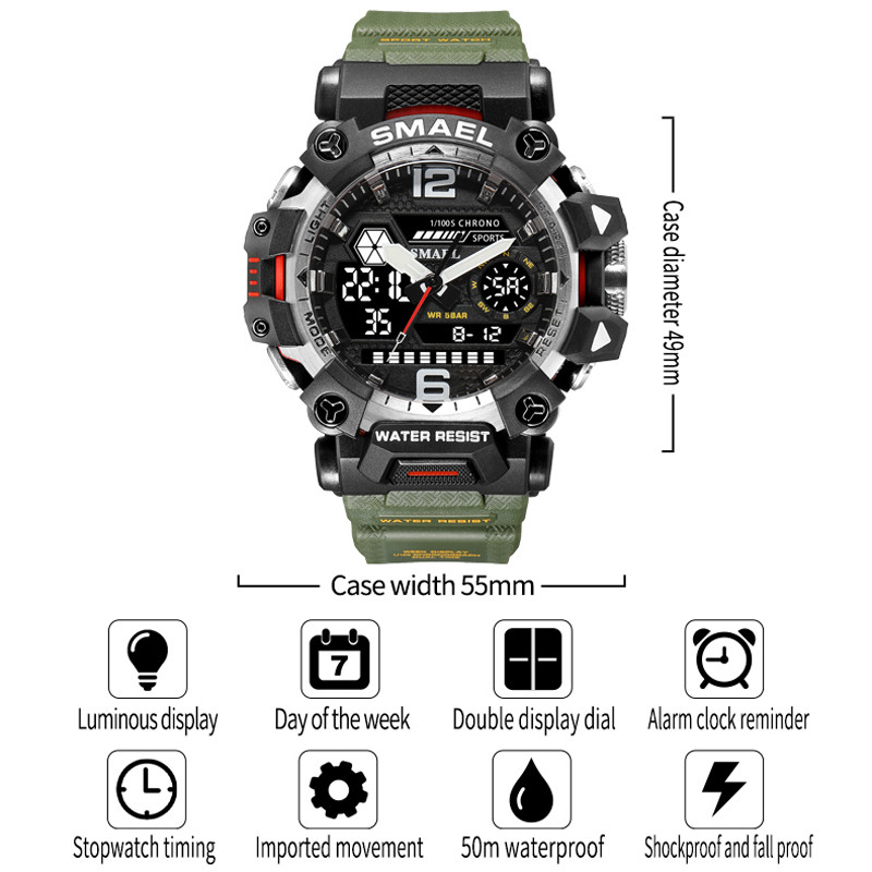 SMAEL Sport Dual Time Satovi za muškarce Vodootporni sat Vojno plavo pozadinsko svjetlo LED zaslon Alarm Štoperica Ručni sat Muški poklon