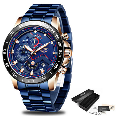 LIGE vojni satovi muški remen od nehrđajućeg čelika vodootporan crni kvarcni ručni sat kronograf sat muški modni sportski sat