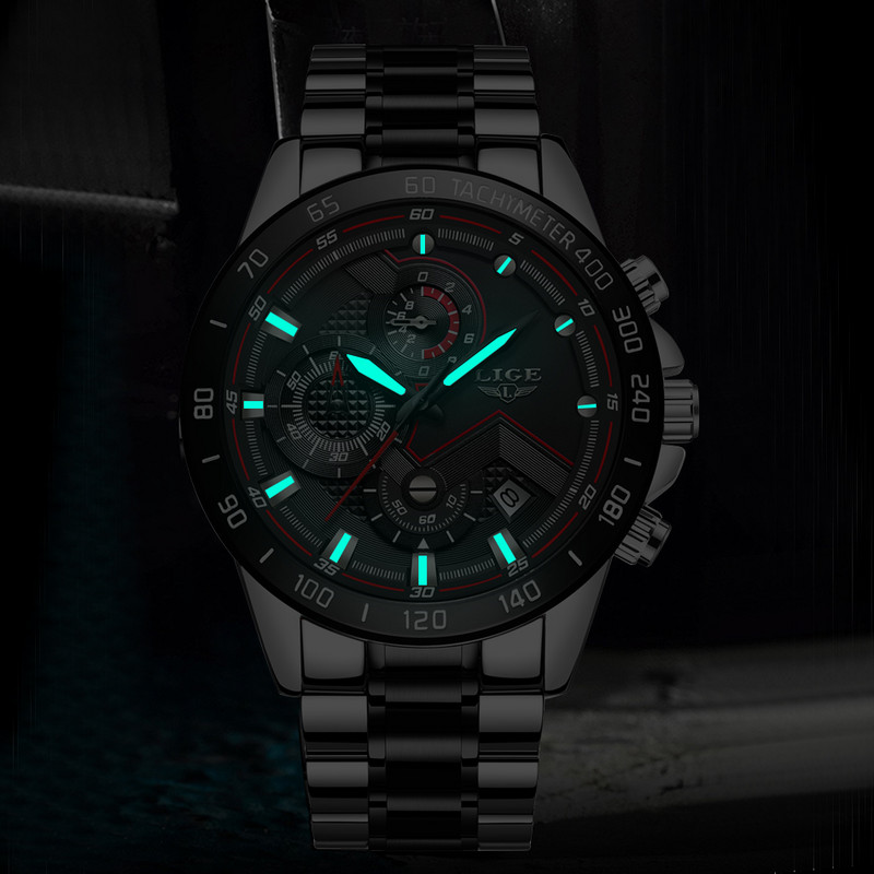 LIGE vojni satovi muški remen od nehrđajućeg čelika vodootporan crni kvarcni ručni sat kronograf sat muški modni sportski sat