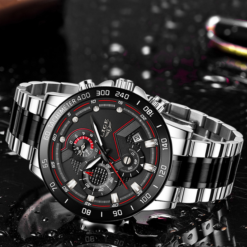 LIGE vojni satovi muški remen od nehrđajućeg čelika vodootporan crni kvarcni ručni sat kronograf sat muški modni sportski sat
