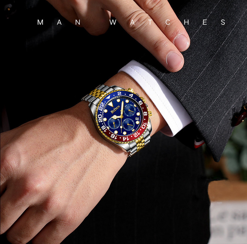 Luxus felső márkájú arany karóra férfi rozsdamentes acél pillangós csatos kronográf órák vízálló férfi üzleti ruha BIDEN óra