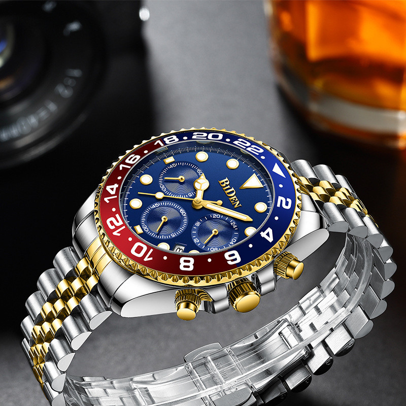 Luxus felső márkájú arany karóra férfi rozsdamentes acél pillangós csatos kronográf órák vízálló férfi üzleti ruha BIDEN óra