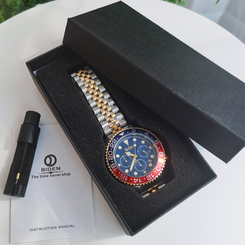 Luxus felső márkájú arany karóra férfi rozsdamentes acél pillangós csatos kronográf órák vízálló férfi üzleti ruha BIDEN óra