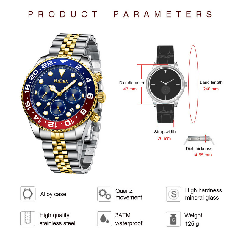 Luxus felső márkájú arany karóra férfi rozsdamentes acél pillangós csatos kronográf órák vízálló férfi üzleti ruha BIDEN óra