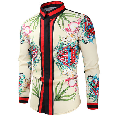 Πολυτελές βασιλικό κόκκινο πουκάμισο ανδρικό μακρυμάνικο ανδρικό μπλουζάκι με στάμπα Camisa Social Masculina Manga Longa για πάρτι