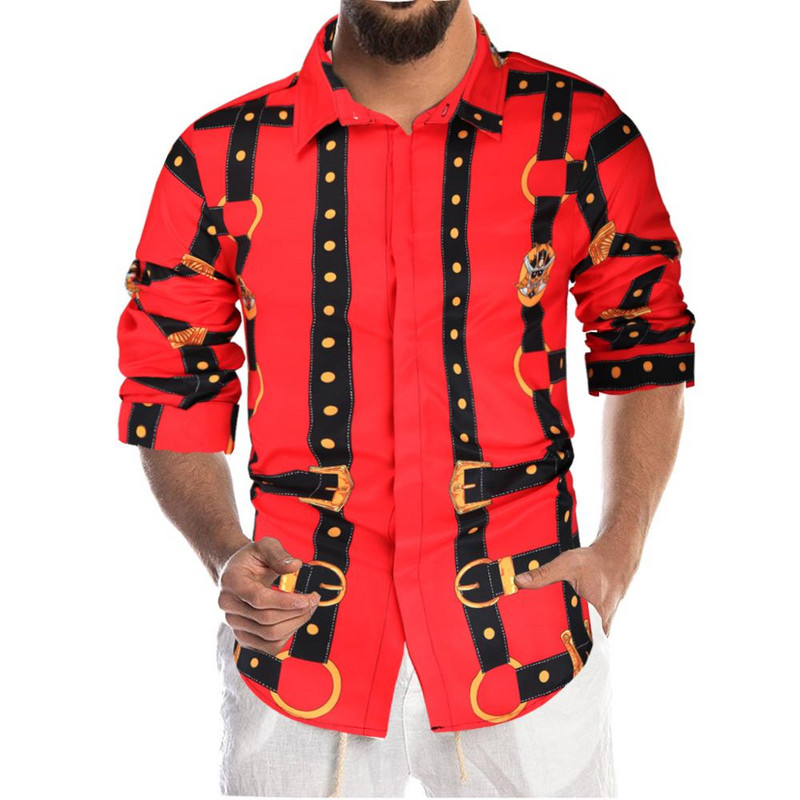 Πολυτελές βασιλικό κόκκινο πουκάμισο ανδρικό μακρυμάνικο ανδρικό μπλουζάκι με στάμπα Camisa Social Masculina Manga Longa για πάρτι