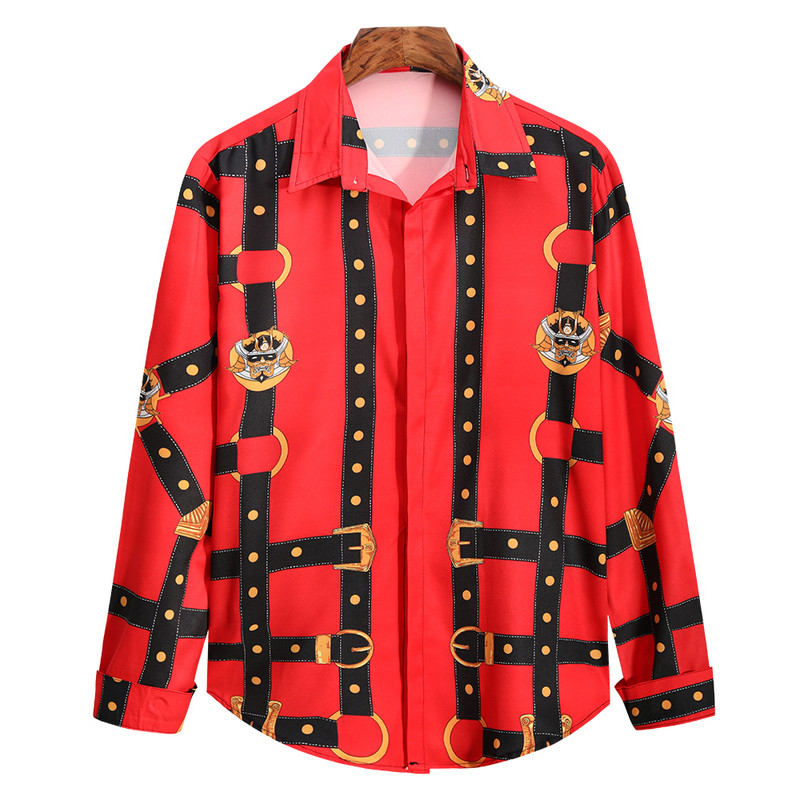 Πολυτελές βασιλικό κόκκινο πουκάμισο ανδρικό μακρυμάνικο ανδρικό μπλουζάκι με στάμπα Camisa Social Masculina Manga Longa για πάρτι